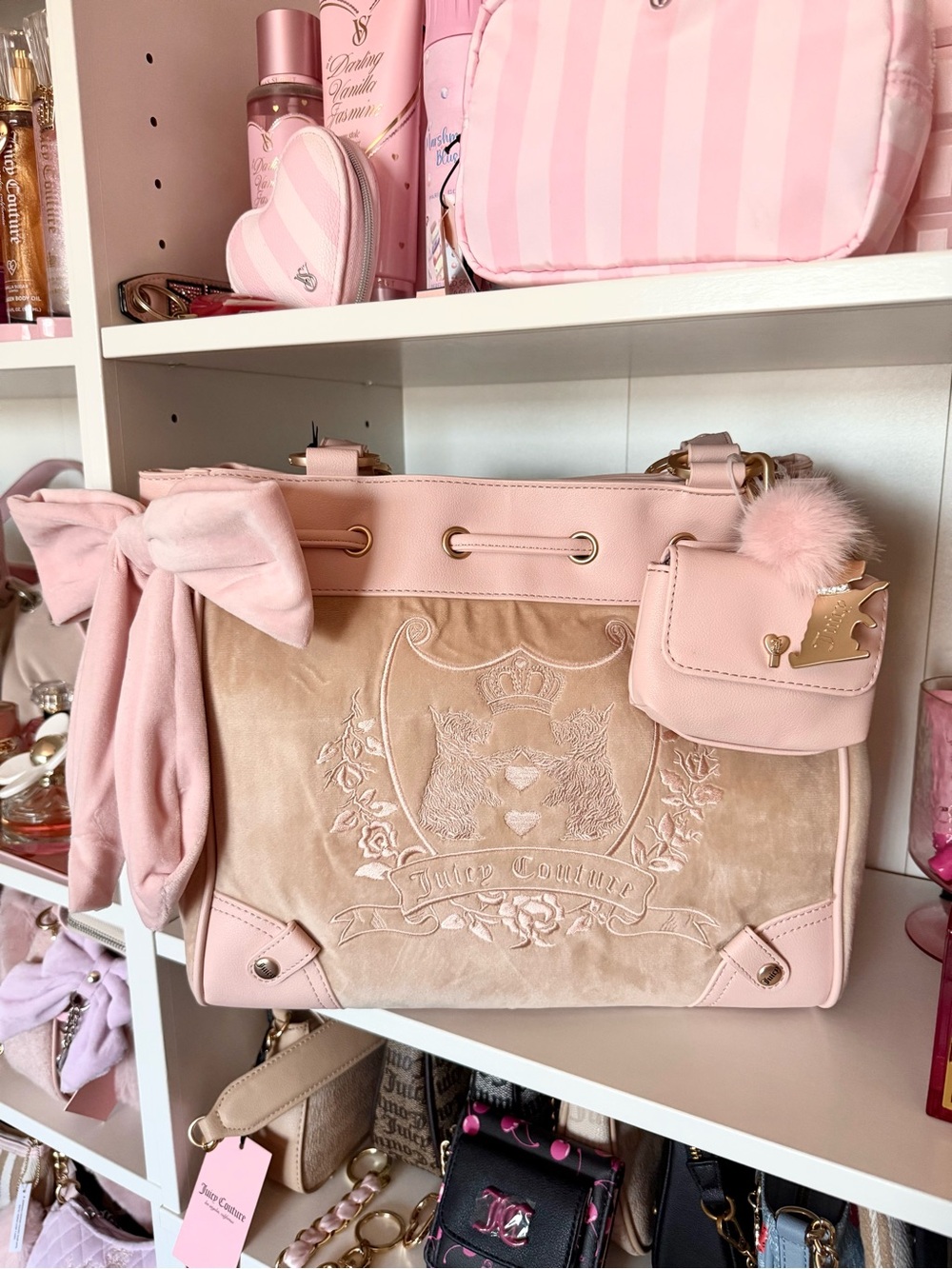 Juicy Couture “New Love Chapter” Pink Velvet Daydreamer Tote with Bow Accent